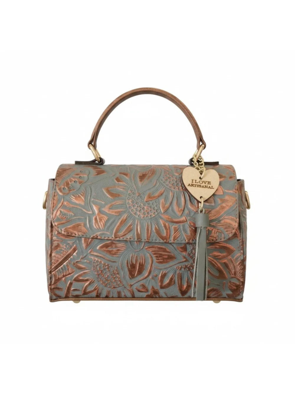 Blue Gray Bronze Sunflower Embossed Tooled Artisan Leather Crossbody Purse